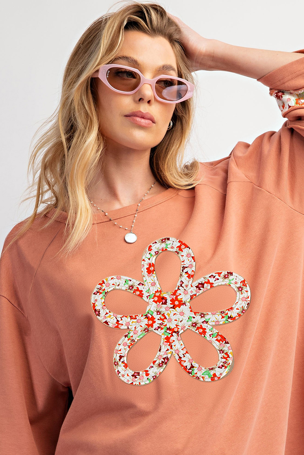 Beige Flower Patch Graphic Exposed Seam Wide Sleeve Top - loveforevers