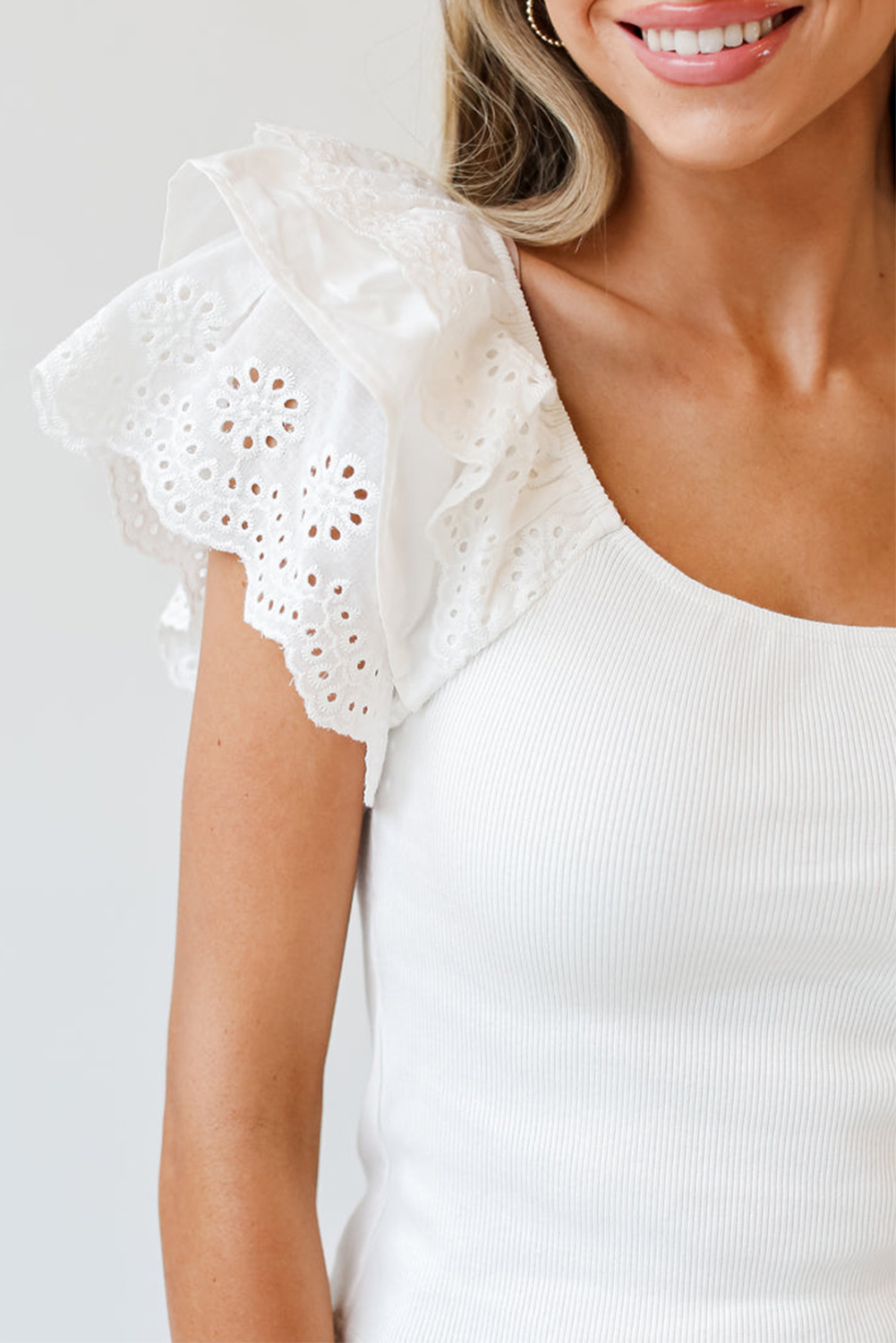 White Eyelet Ruffle Sleeve Slim Fitted Top - loveforevers