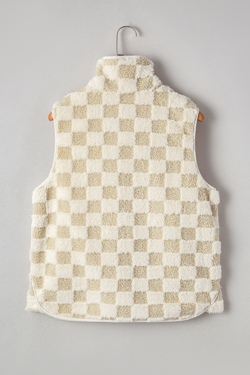 Khaki Sherpa Checkerboard Snap Button Vest Jacket With Pocket - loveforevers