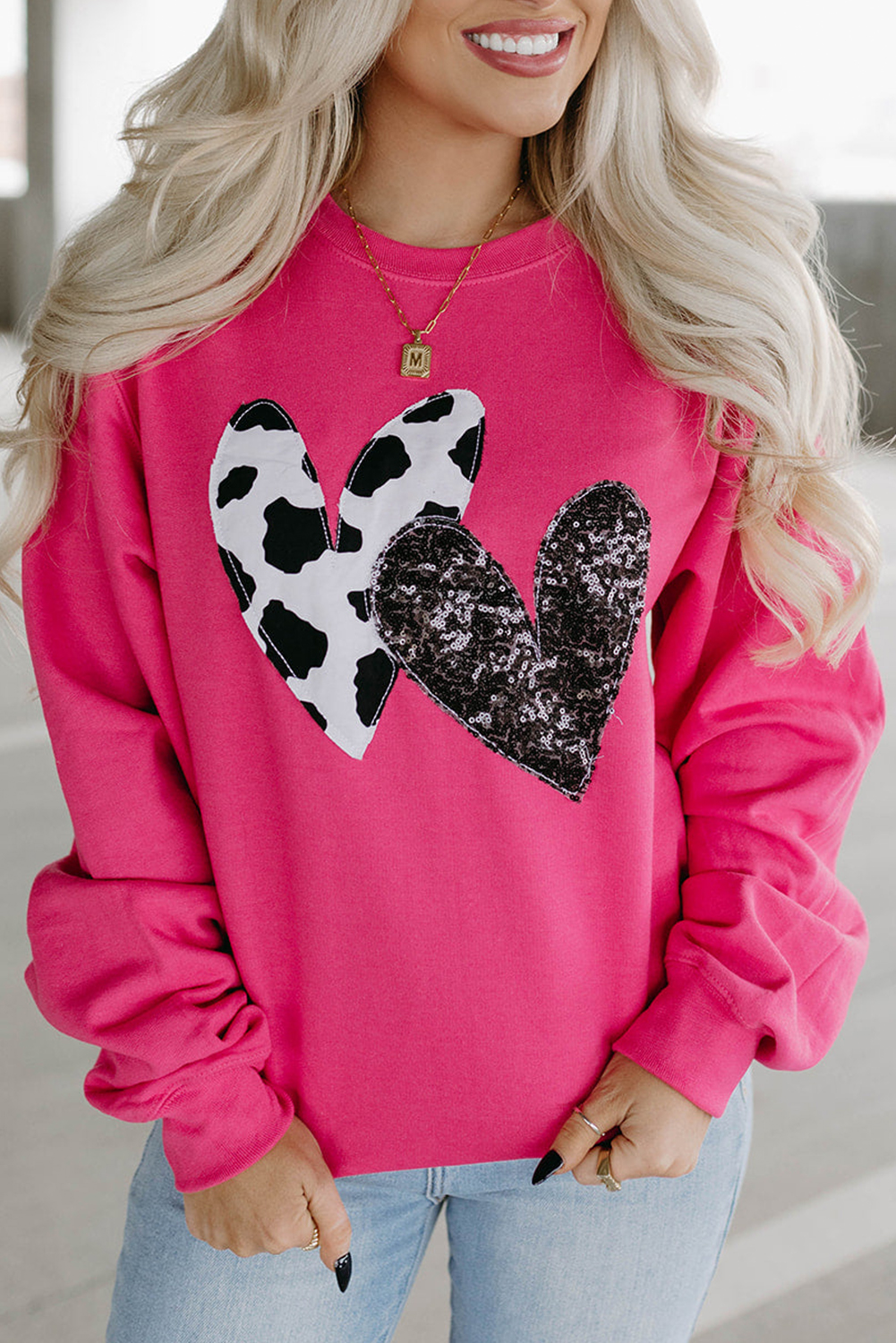 Strawberry Pink Cow & Sequin Double Heart Patch Graphic Sweatshirt - loveforevers