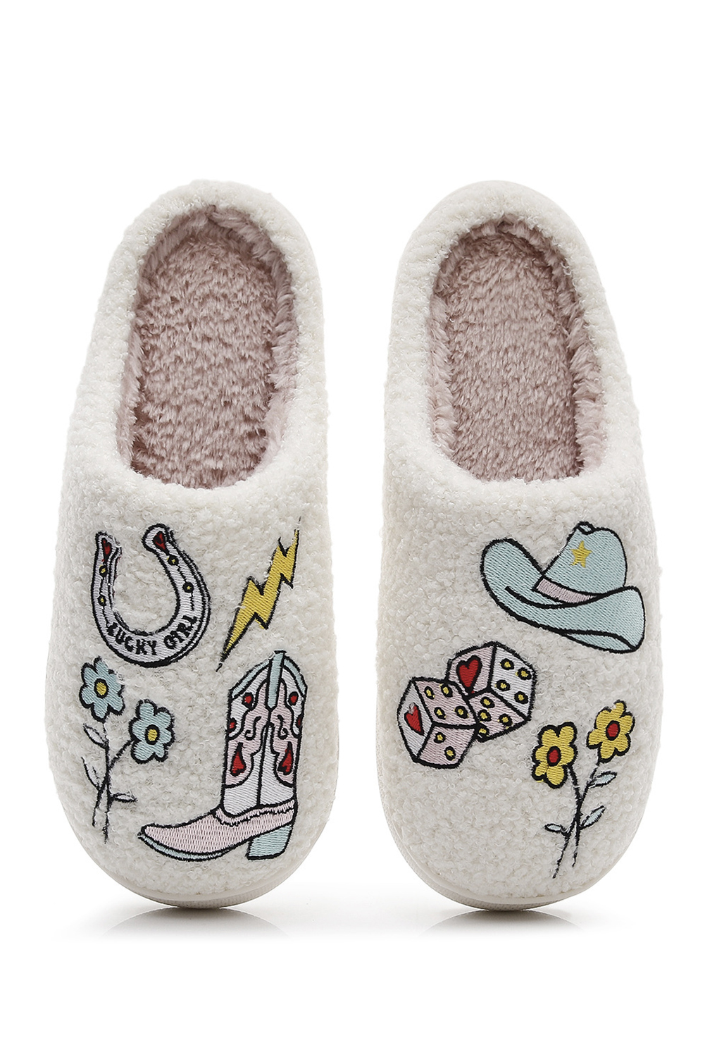 White Asymmetric Embroidered Pattern Cowgirl Plush House Slippers - loveforevers
