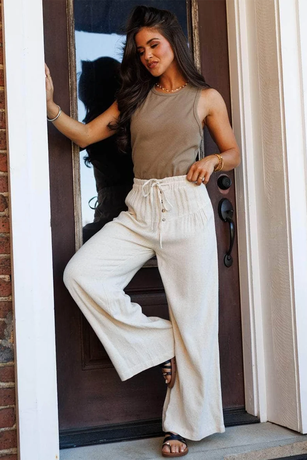 Jet Stream Drawstring Elastic Waist Button Pleated Detail Wide Leg Pants - loveforevers