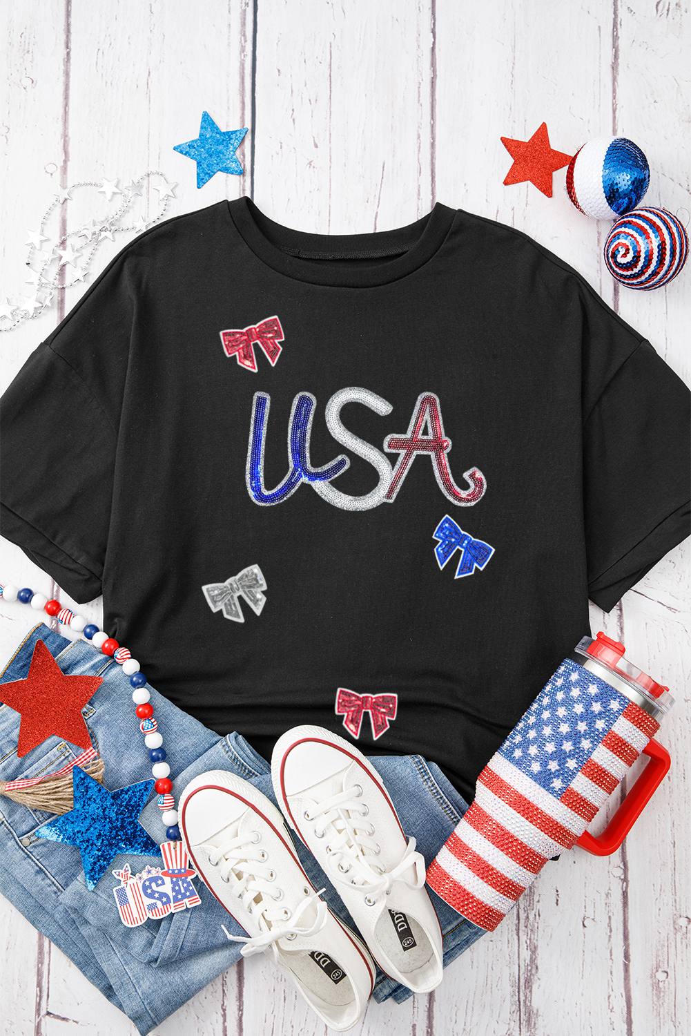 Black Sequin USA Bow Graphic Independence Day T Shirt - loveforevers