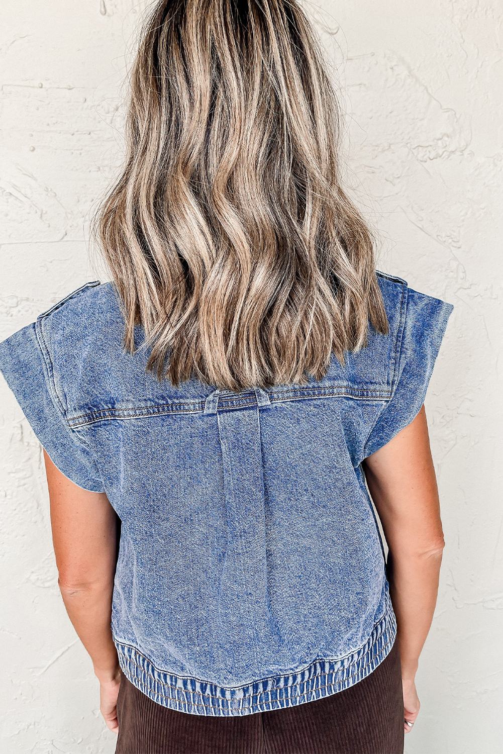 Ashleigh Blue Acid Wash Elastic Hem Button Up Denim Vest - loveforevers
