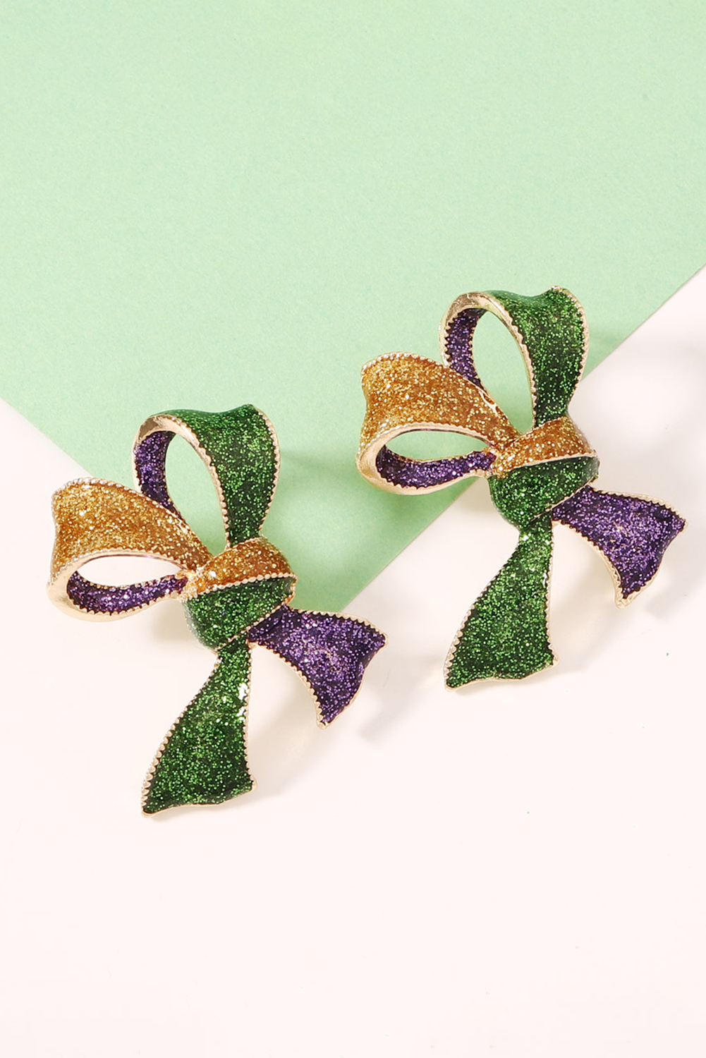 Tillandsia Purple 3D Mardi Gras Bow Dazzling Earrings - loveforevers