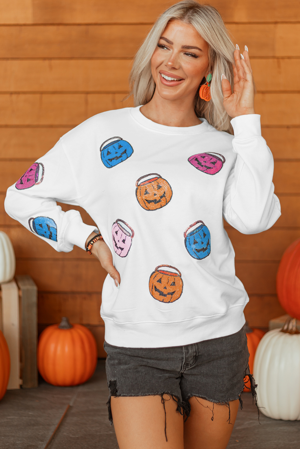 White Halloween Pumpkin Lantern Sequin Patched Sweatshirt - loveforevers