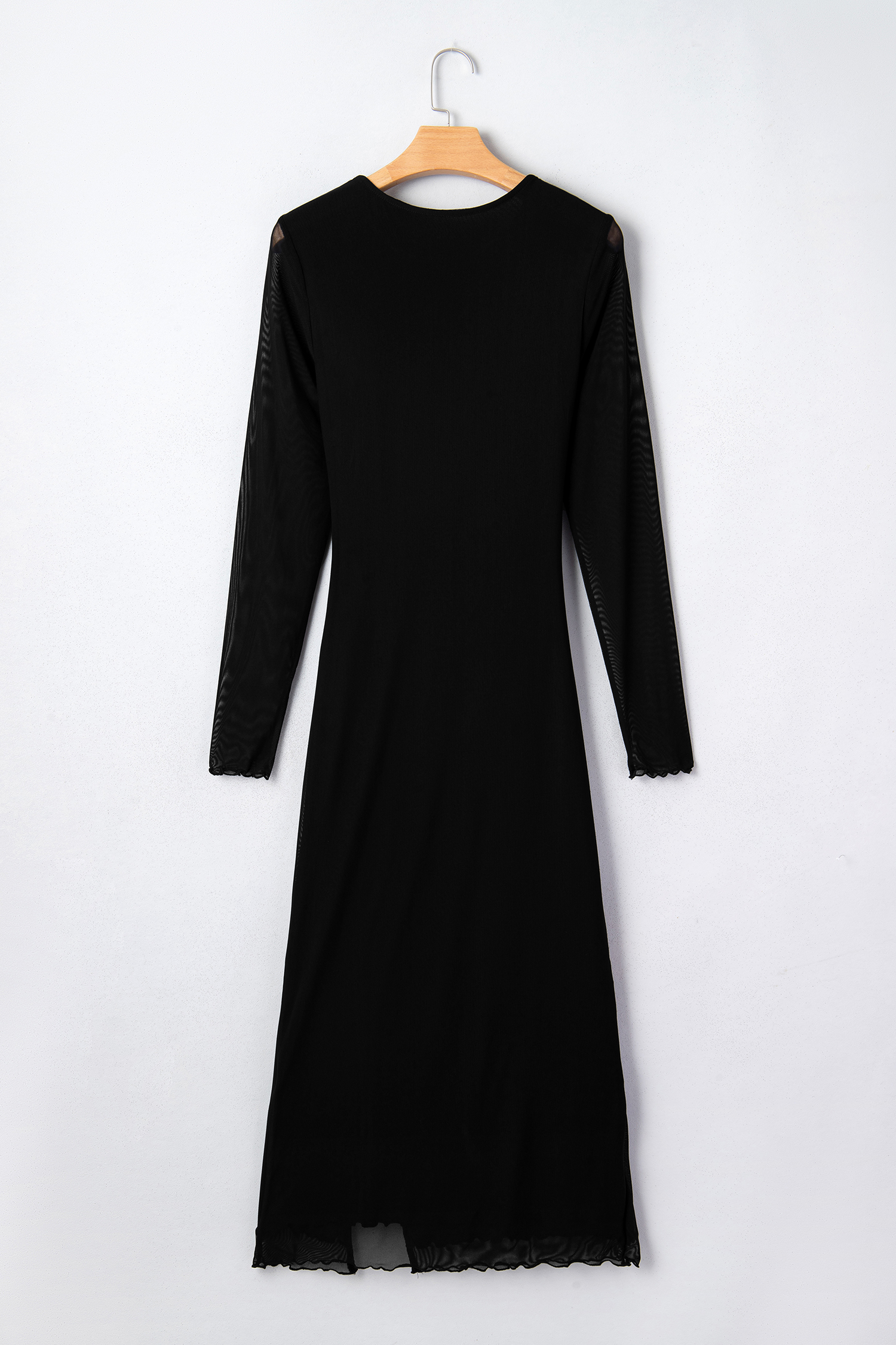 Black Sheer Mesh Long Sleeve Twisted Knot Side Slit Midi Dress - loveforevers