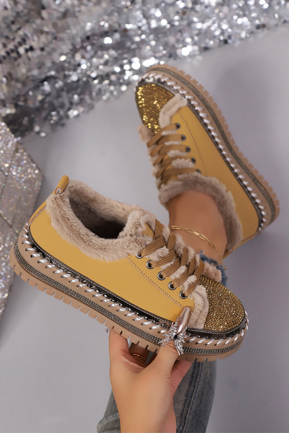 Thai Curry Rhinestone Embellished Faux Fur Lining Lace-Up Flat Shoes - loveforevers