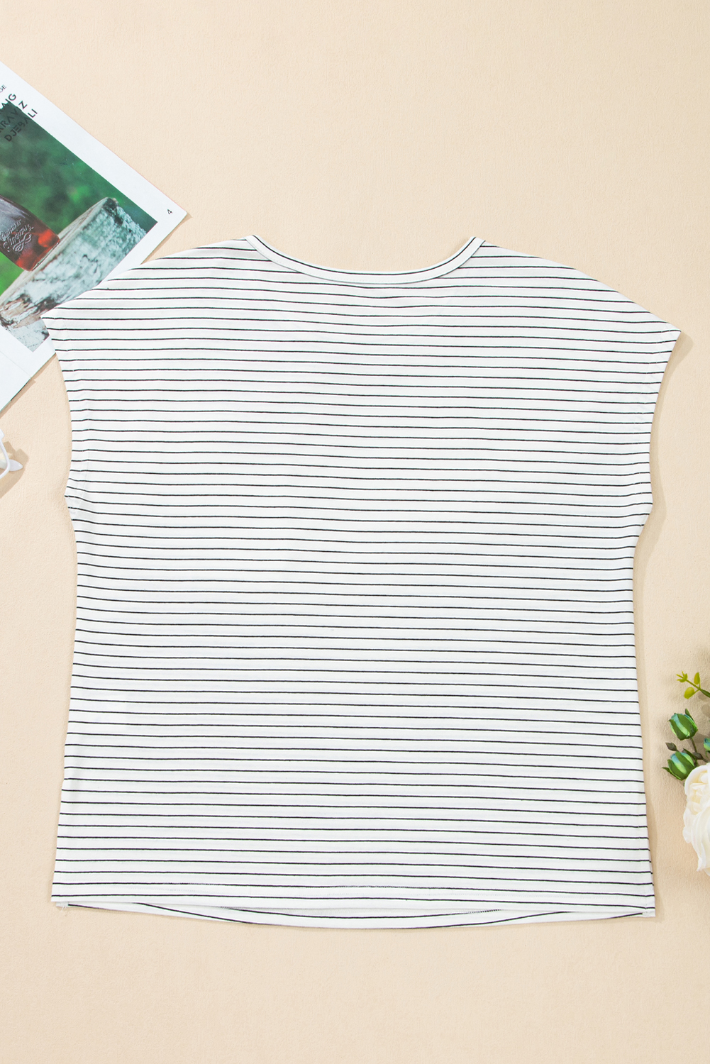 White Stripe Cap Sleeve Crew Neck Casual Tee with Chest Pocket - loveforevers