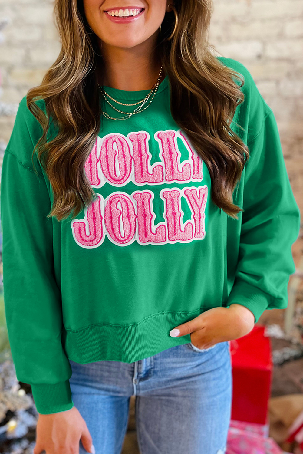Sea Green HOLLY JOLLY Towel Embroidered Christmas Holiday Sweatshirt - loveforevers