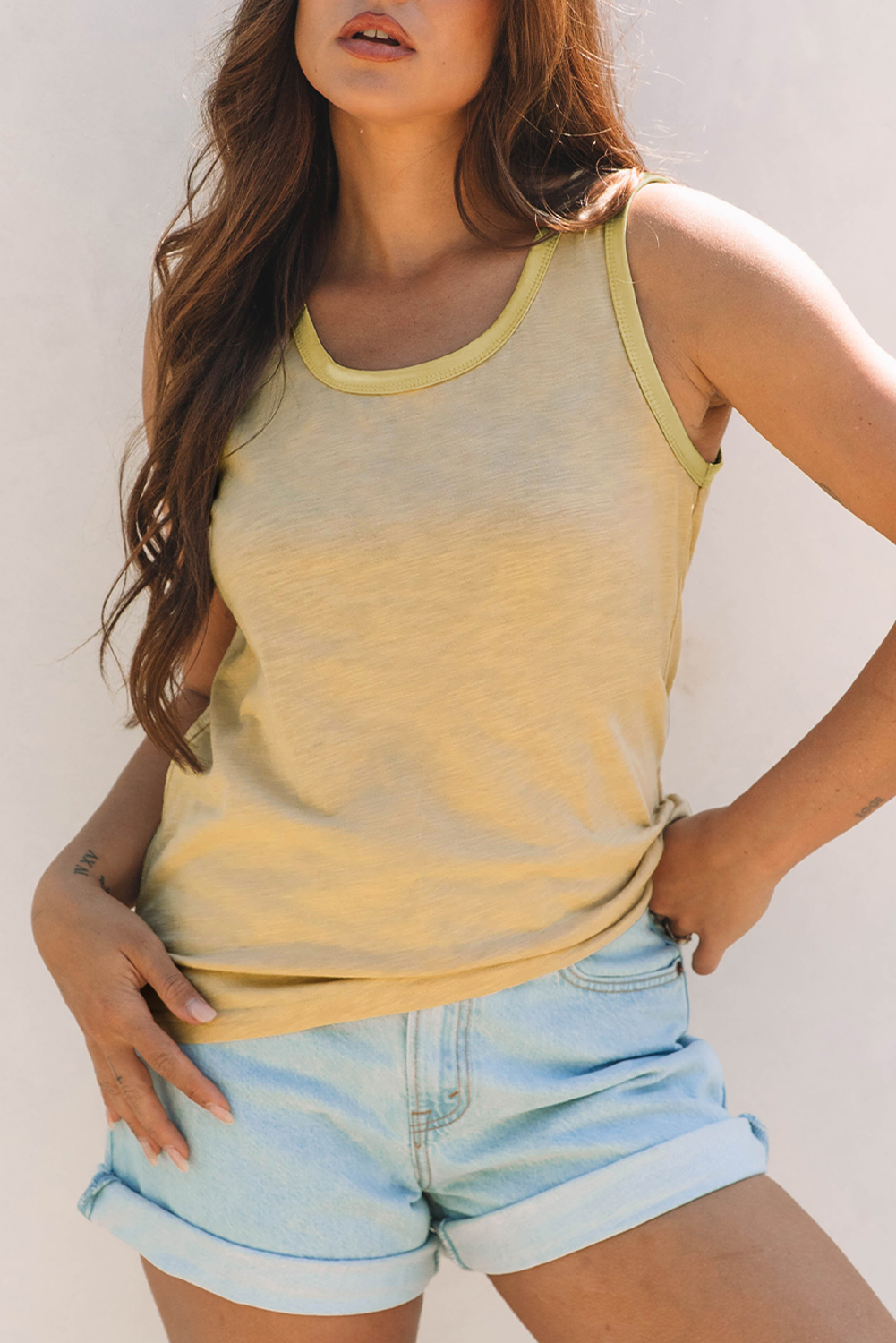 Tan Metallic Sheen Edge Scoop Neck Tank Top - loveforevers