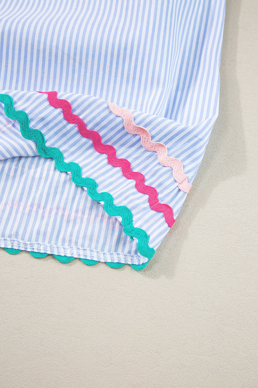Sky Blue Stripe Ricrac Trim Split Neck Striped Ruffled Sleeve Blouse - loveforevers
