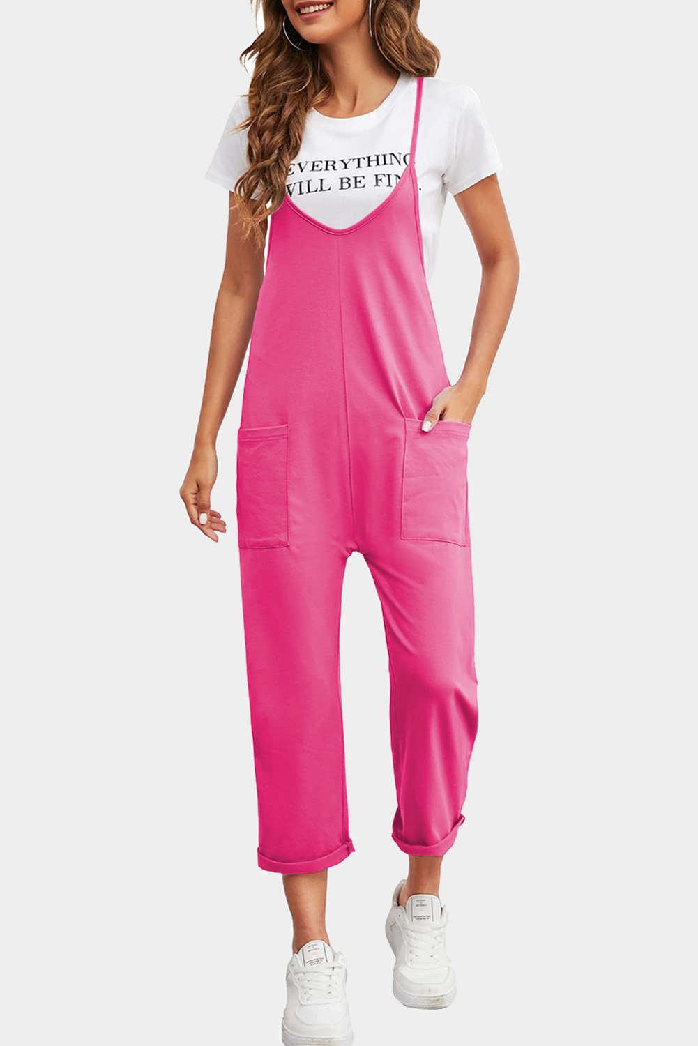 Rose Red Black Pocketed Adjustable Spaghetti Strap Straight Leg Jumpsuit - loveforevers