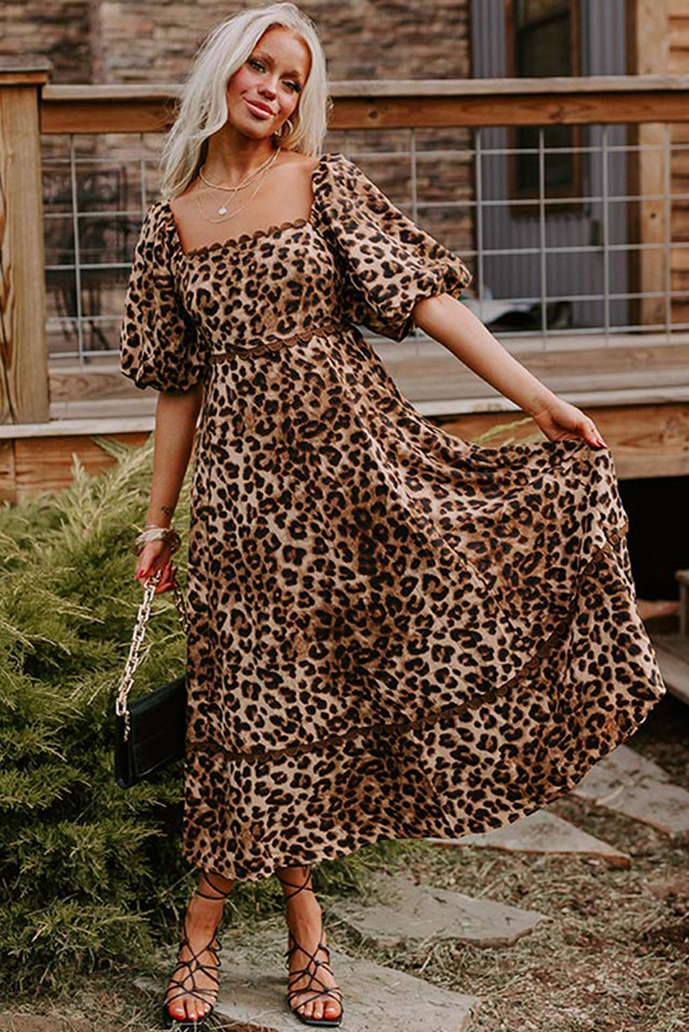 Brown Leopard Print Bubble Sleeve Square Neck Maxi Dress - loveforevers
