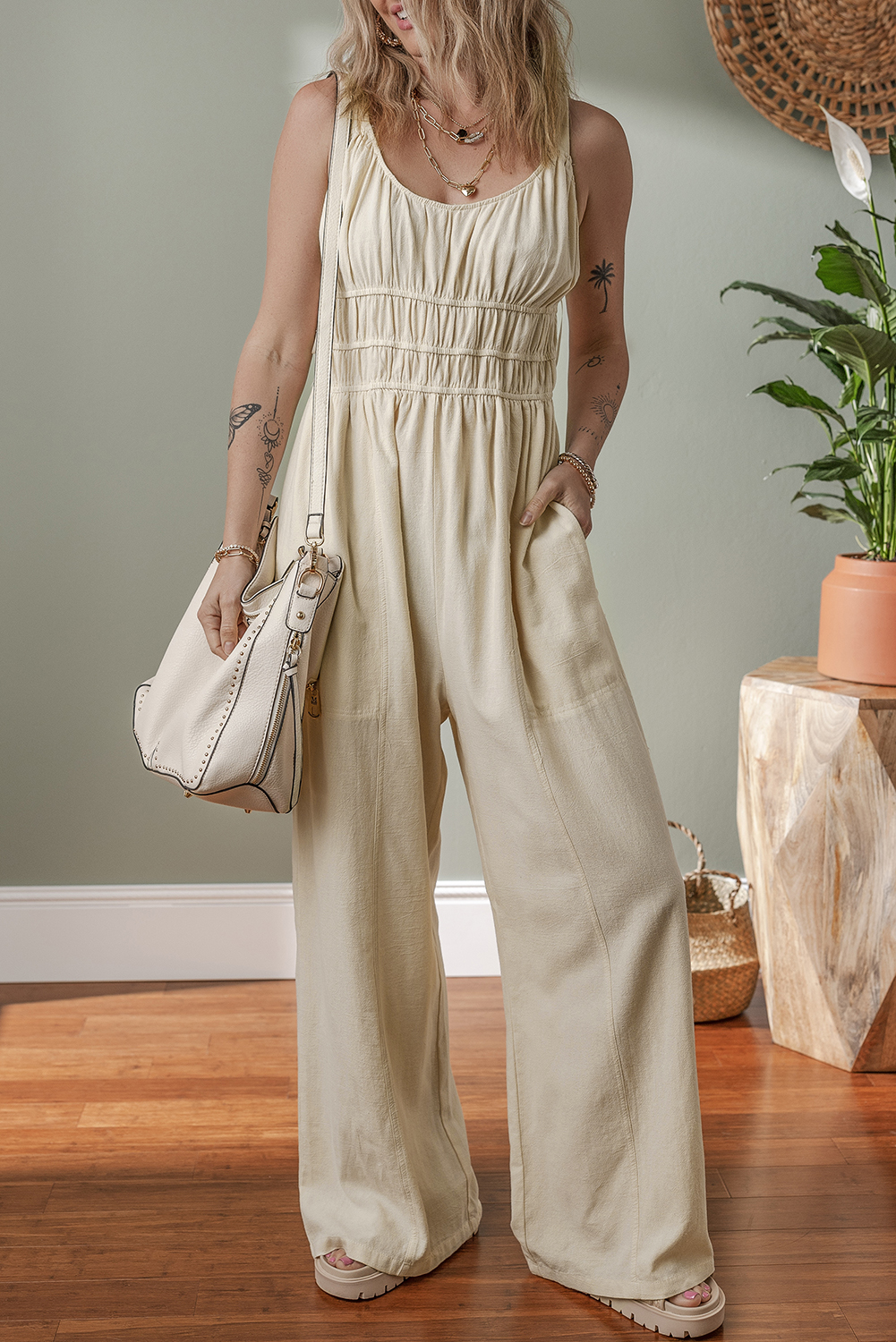 Beige Ruched High Waist Sleeveless Wide Leg Jumpsuit - loveforevers