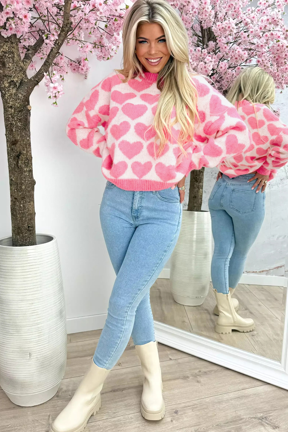 Strawberry Pink Valentine Heart Print Knit Sweater - loveforevers