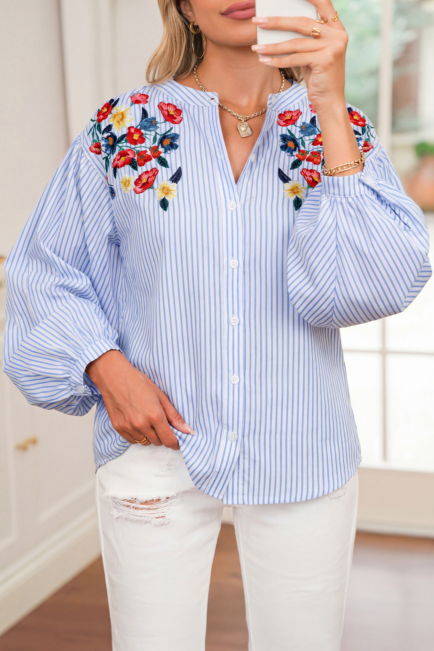 Sky Blue Stripe Floral Embroidered Billowy Sleeve Tunic Baggy Shirt - loveforevers