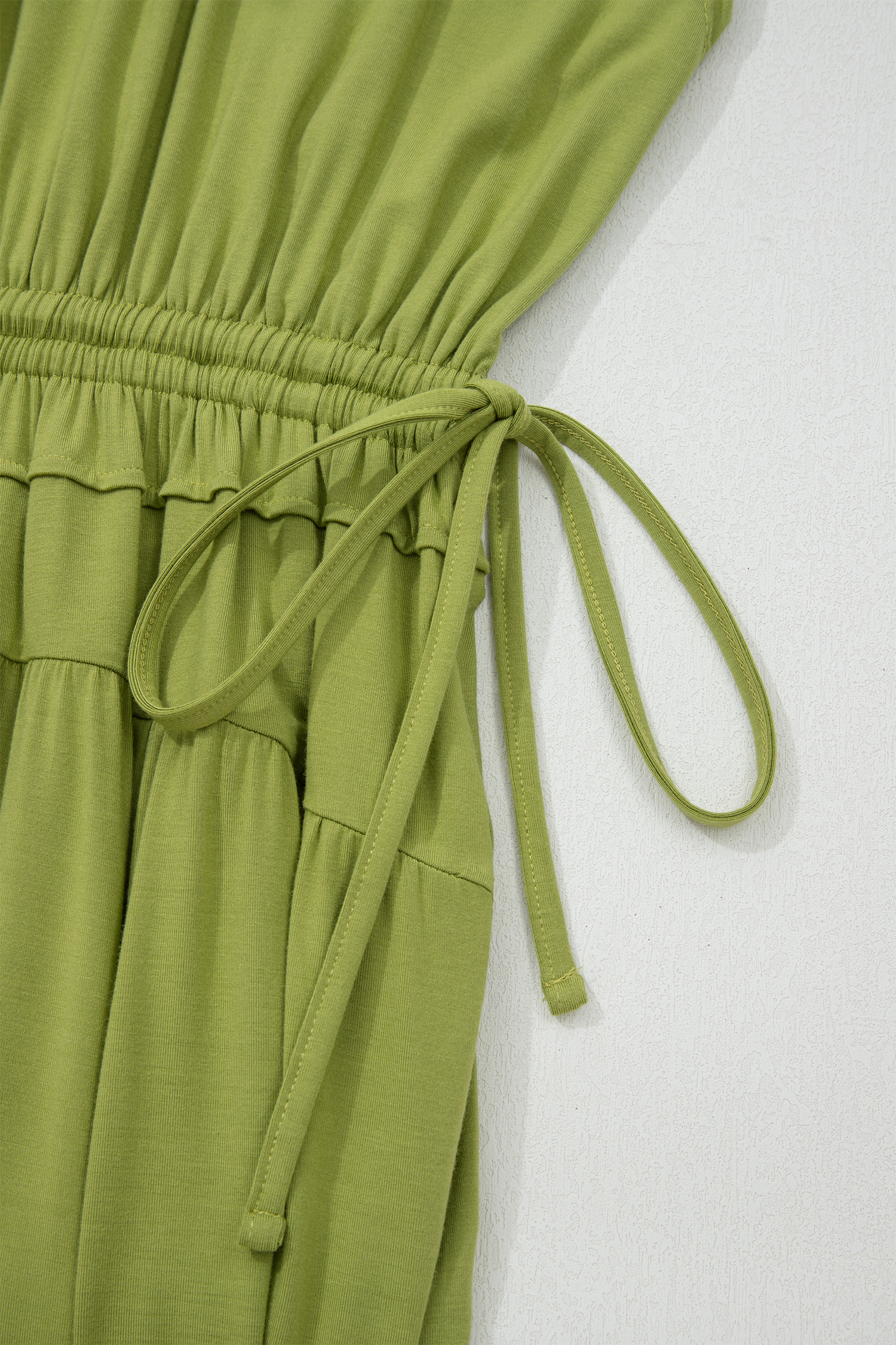 Fern Green Solid V Neck Cap Sleeve Tunic Elastic Waist Versatile Maxi Dress - loveforevers