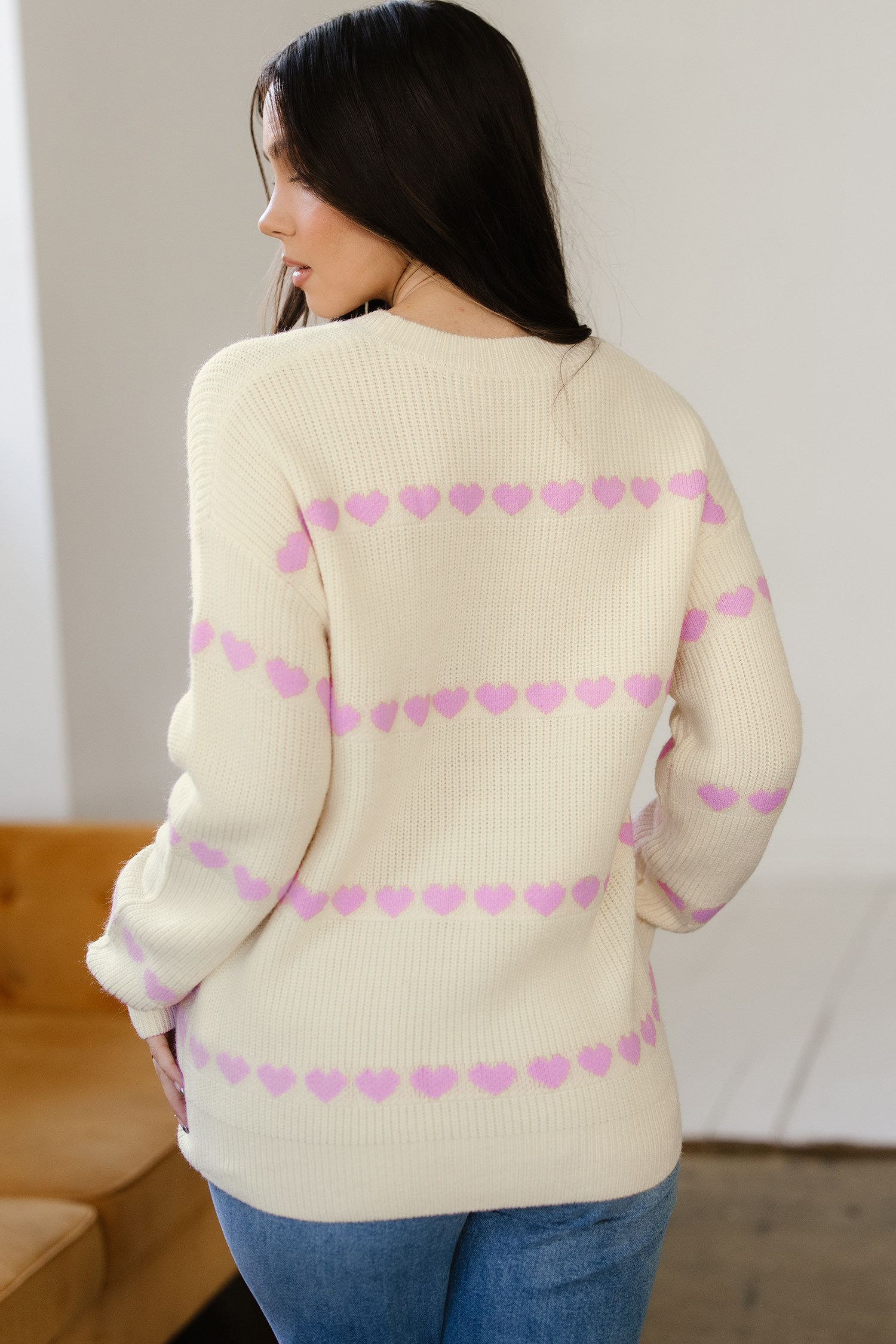 Pink Heart Pattern Valentine Ribbed Knit Sweater - loveforevers