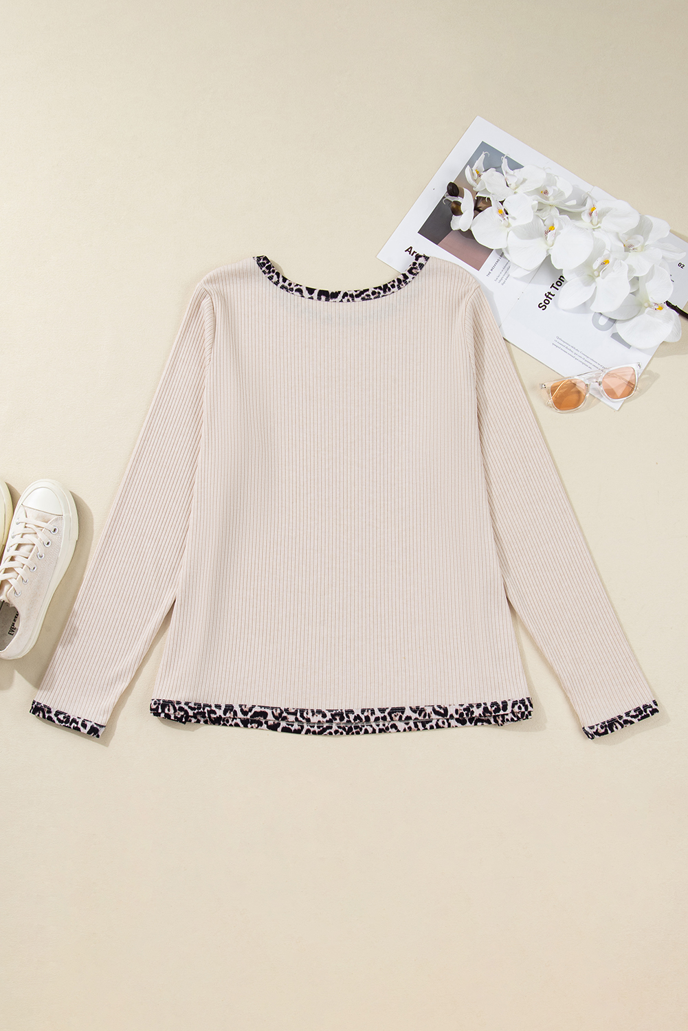 Parchment Ribbed Contrast Leopard Edge Round Neck Plus Knit Top - loveforevers