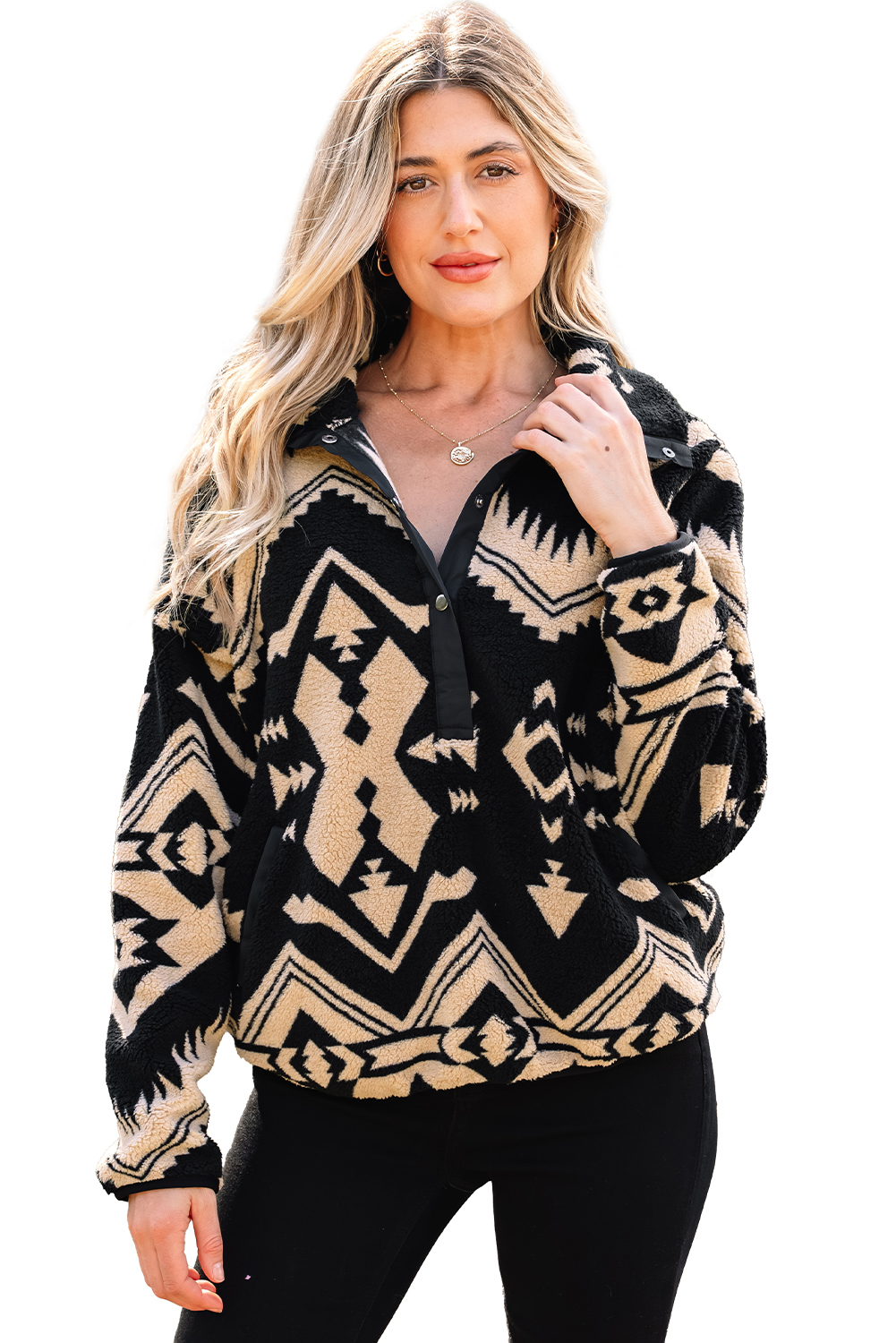 Black Western Aztec Half Placket Plush Sweatshirt - loveforevers