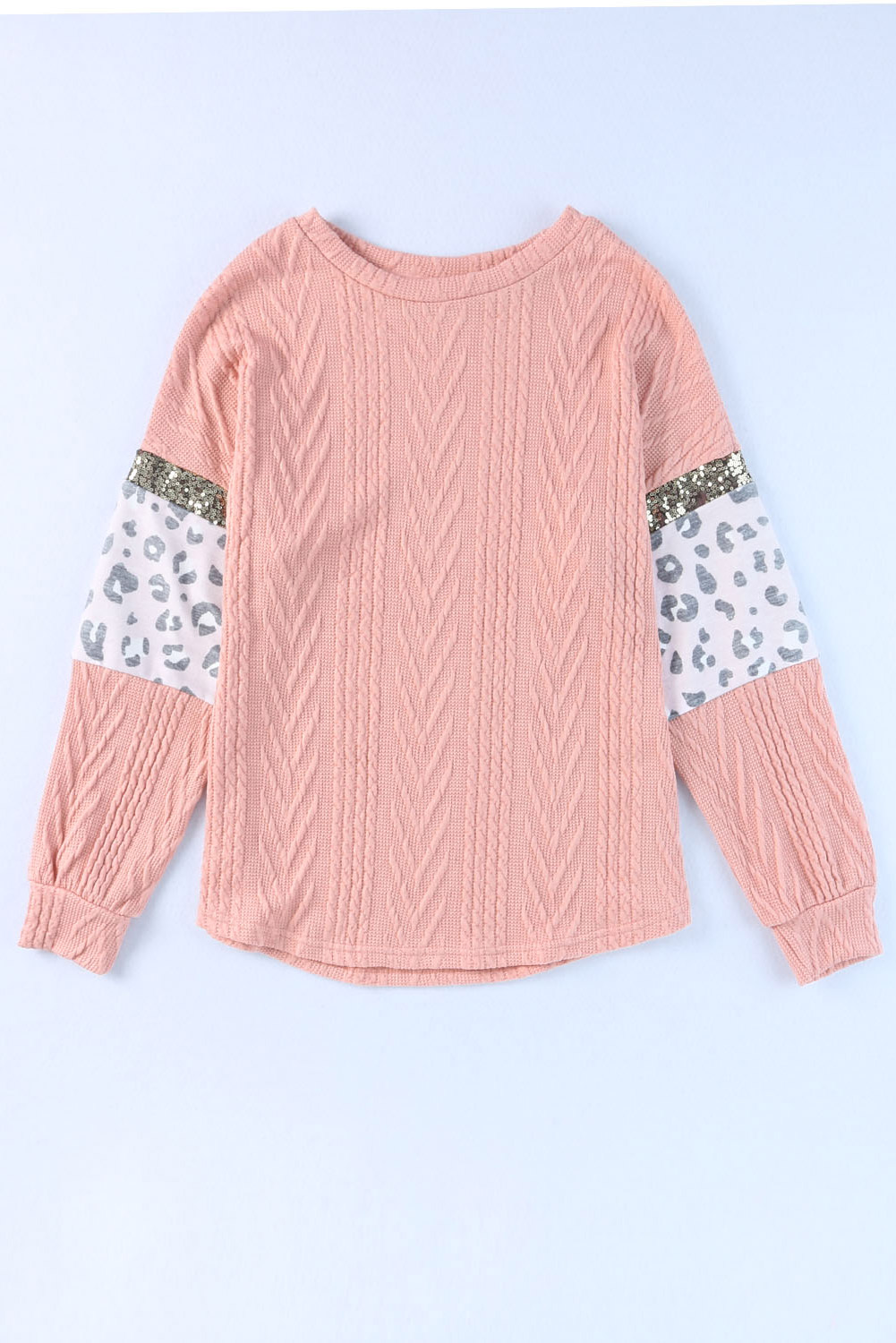 Pink Leopard Sequin Splicing Sleeves Textured Knit Top - loveforevers