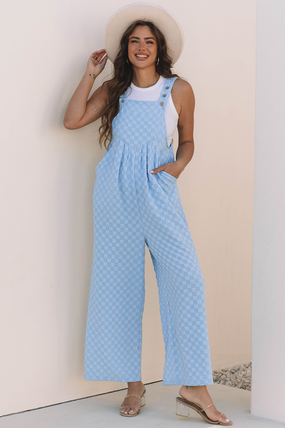 Beau Blue Checkered Pocketed High Waist Wide Leg Overall - loveforevers