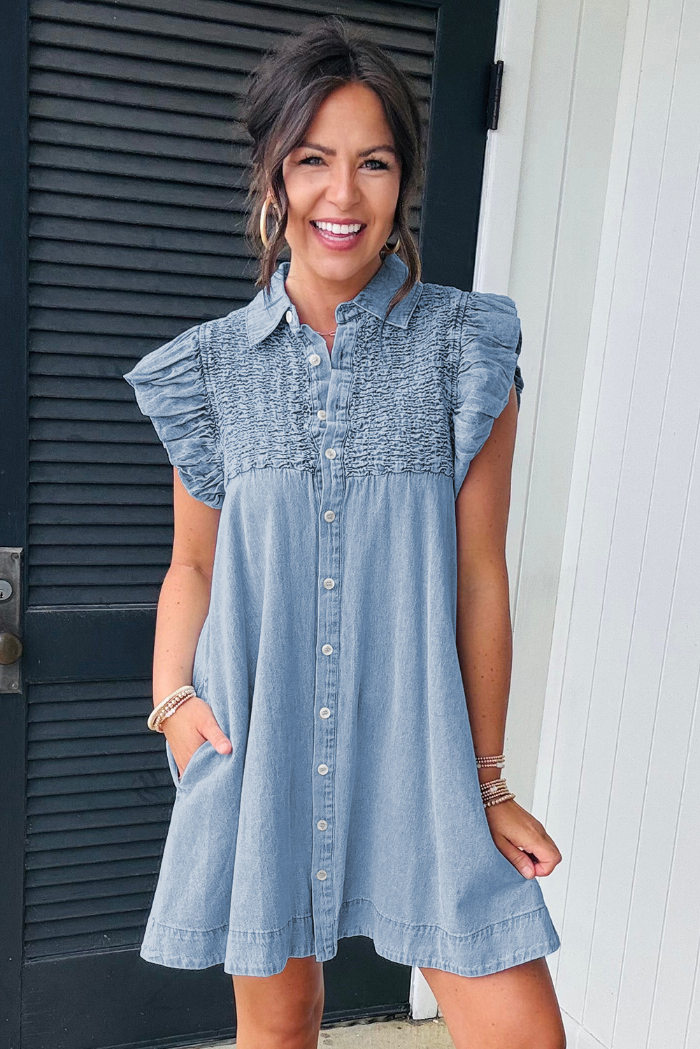 Beau Blue Flutter Sleeve Shirred Detail Button Up Denim Mini Dress - loveforevers