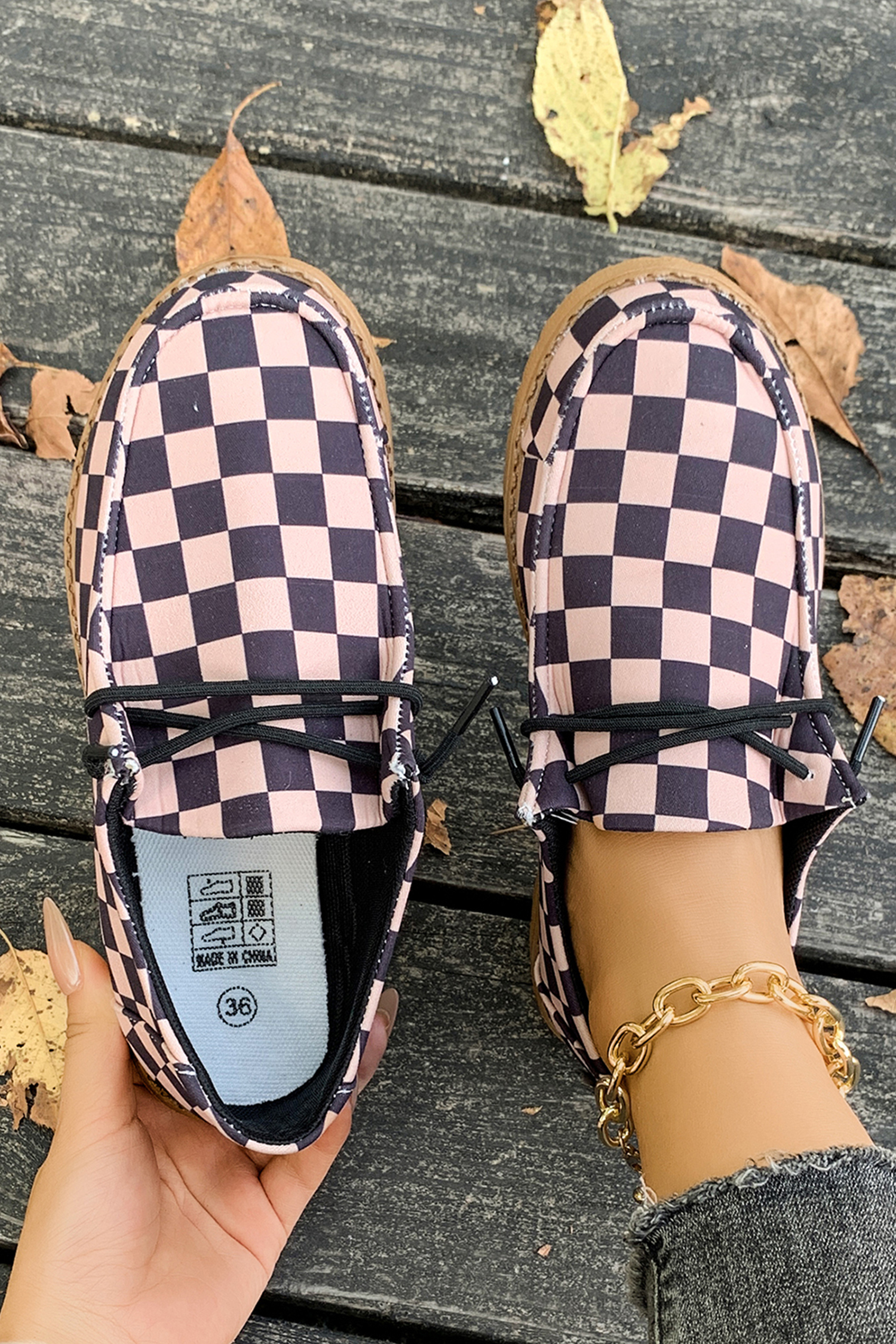 Dark Brown Checkered Print PU Leather Lace Up Detail Flat Shoes - loveforevers
