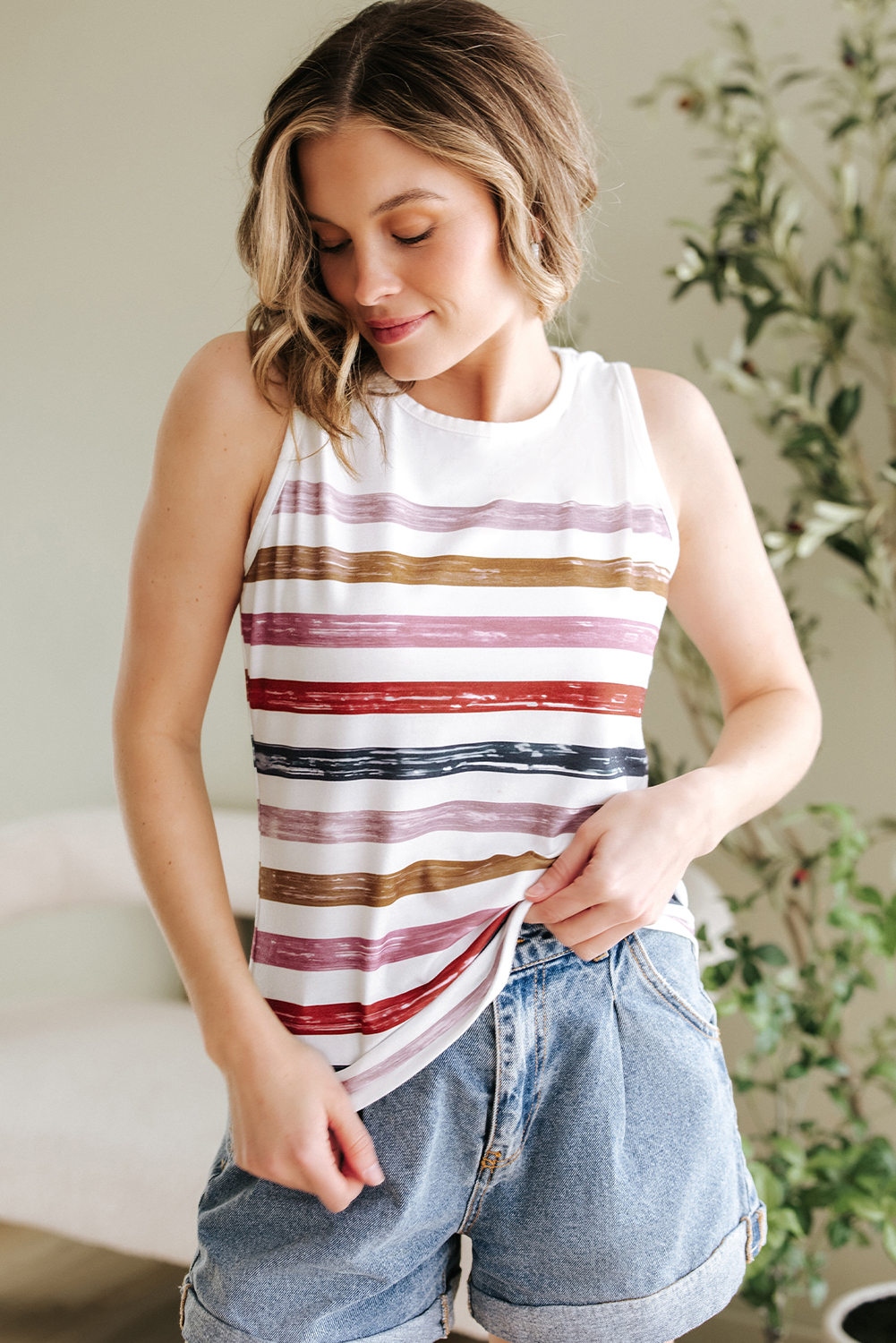 Red Stripe Rainbow Round Neck Tank Top - loveforevers