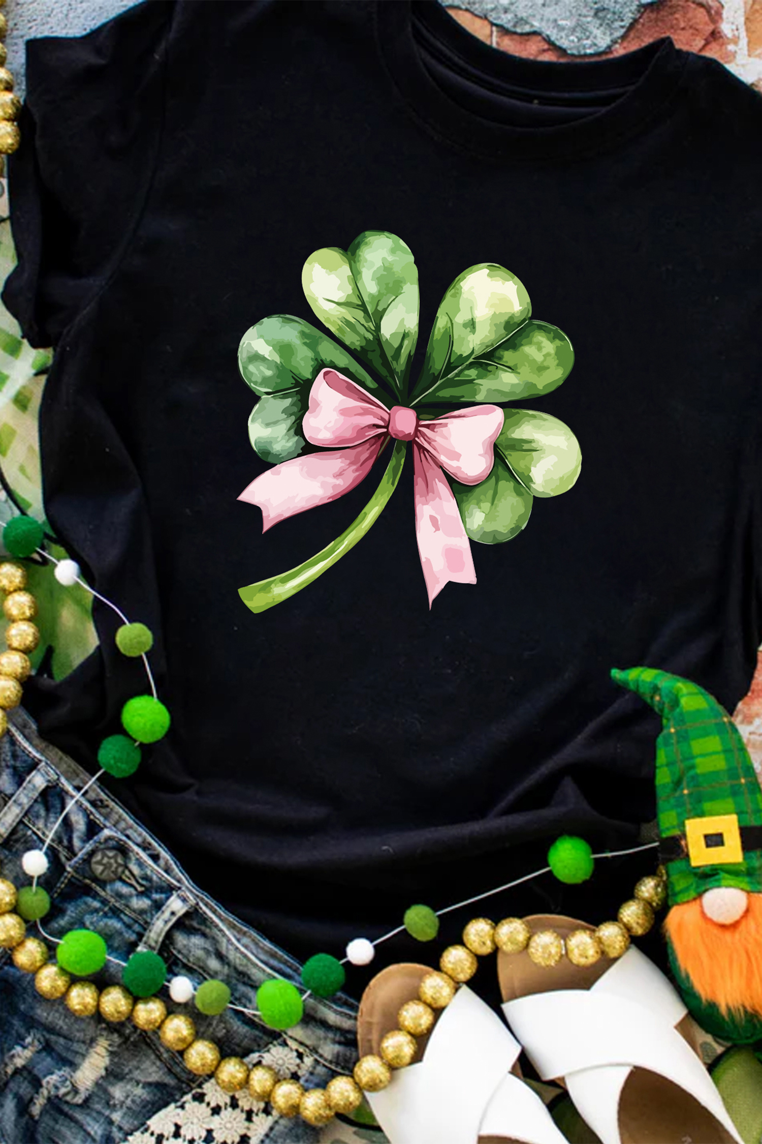 Black Cute Bow Knot Clover Printed Womens Casual Tee - loveforevers
