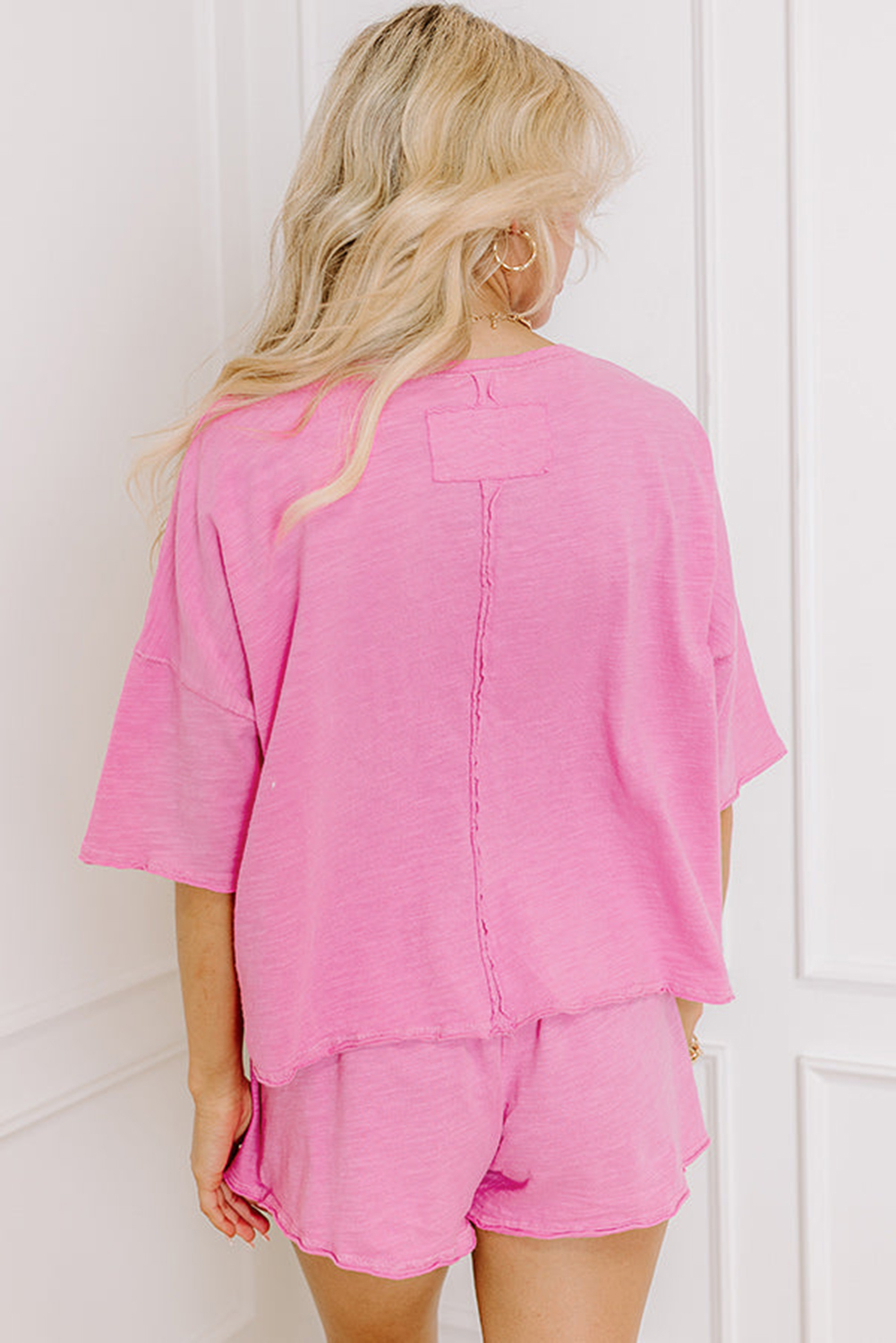 Sachet Pink Loose Fit Half Sleeve T Shirt and High Waist Skirt Set - loveforevers