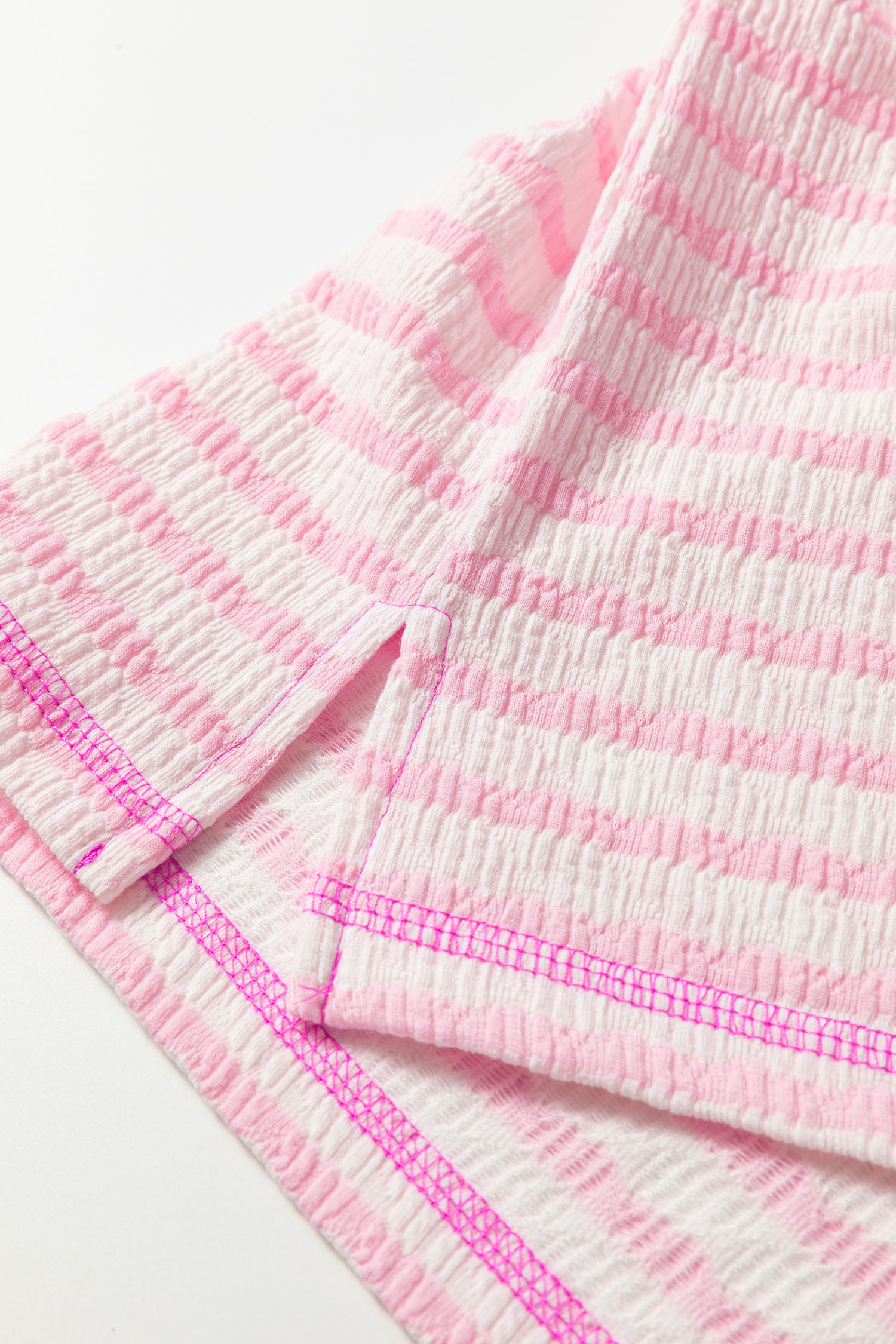 Pink Stripe Textured Knit Split Hem Half Sleeve Loose Top - loveforevers