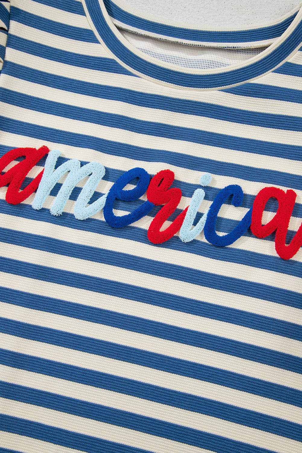 Blue Stripe America Cursive Graphic Puff Sleeve T-shirt - loveforevers
