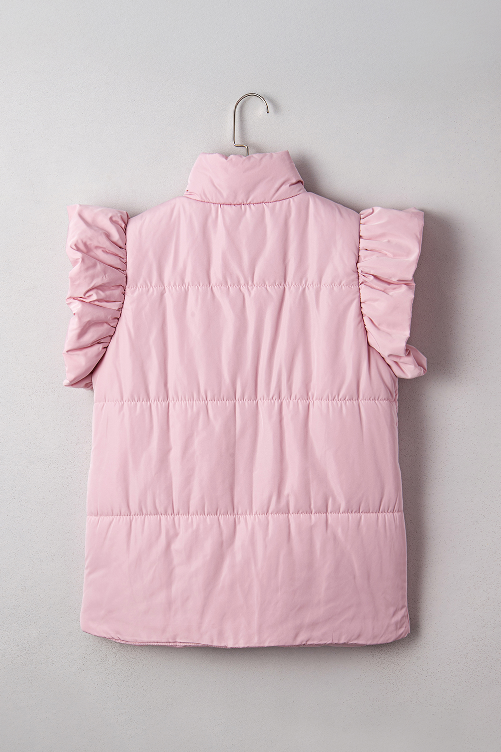 Pink Stand Neck Flutter Sleeve Snap Button Puffer Vest - loveforevers