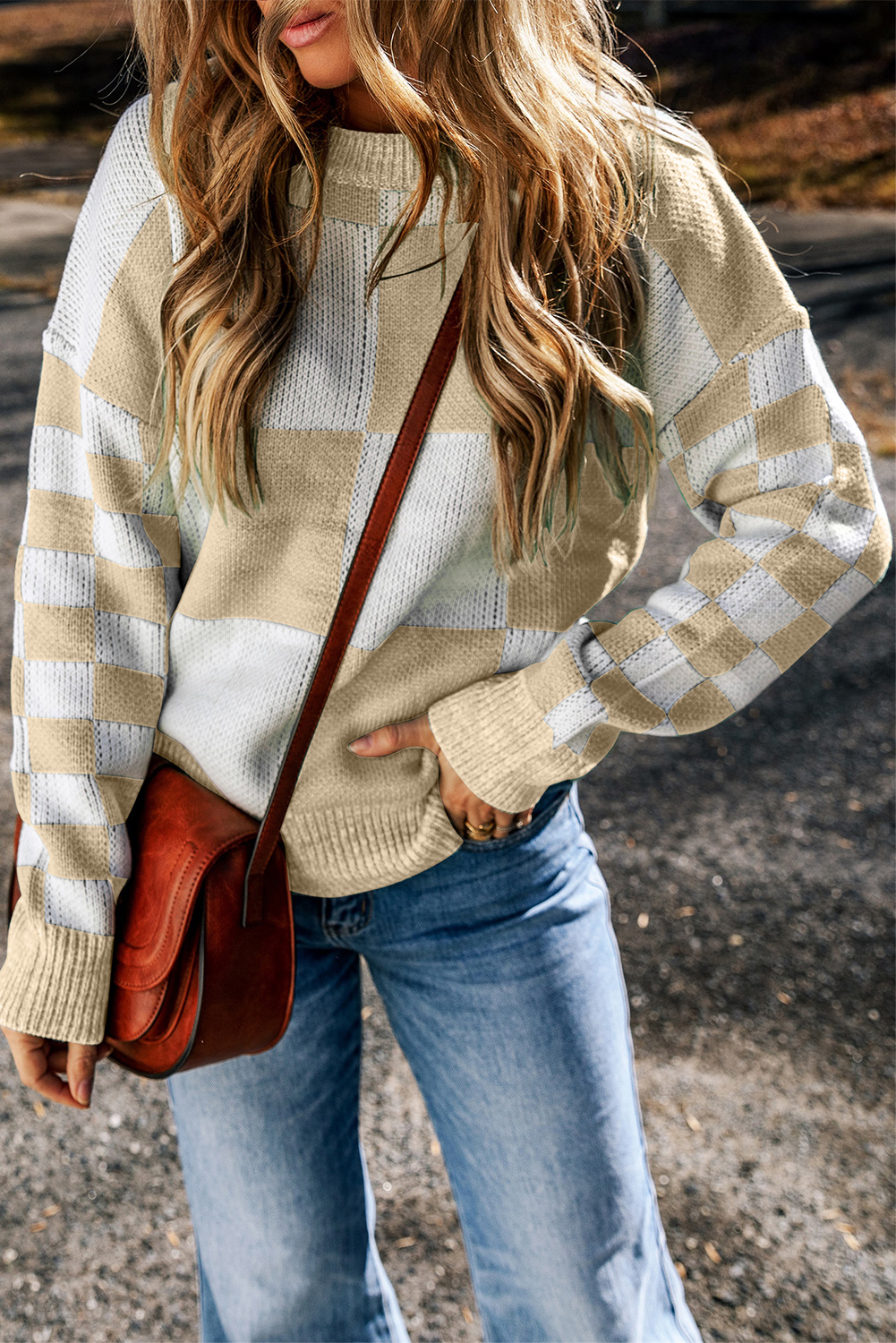 Flaxen Checkered Print Drop Shoulder Sweater - loveforevers