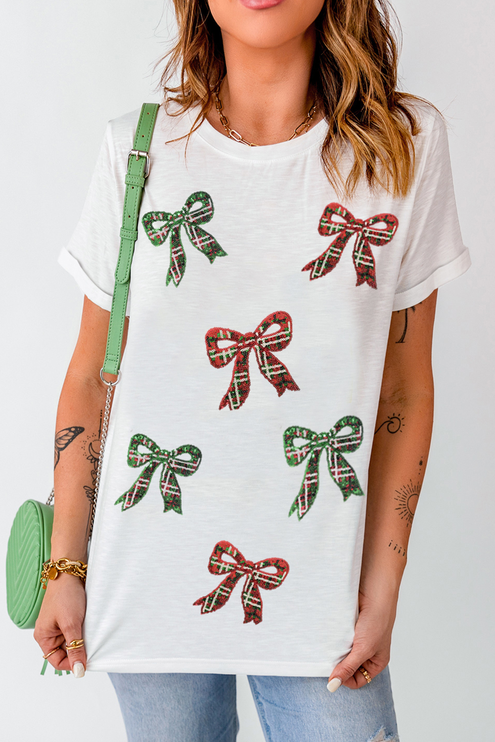 White Christmas Bowknot Graphic Cotton Blend T Shirt - loveforevers