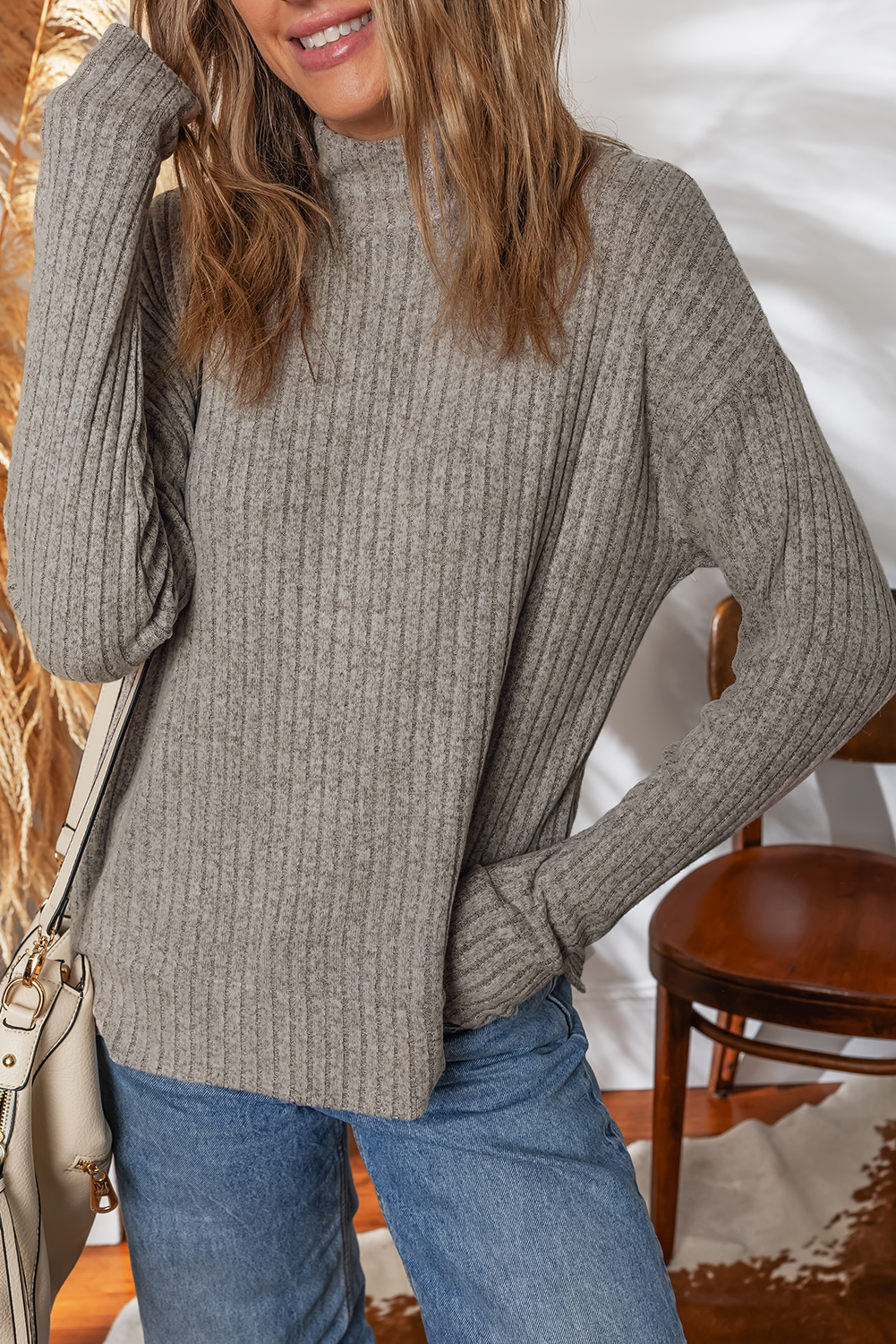 Gray Morn Ribbed High Neck Knitted Pullover Top - loveforevers