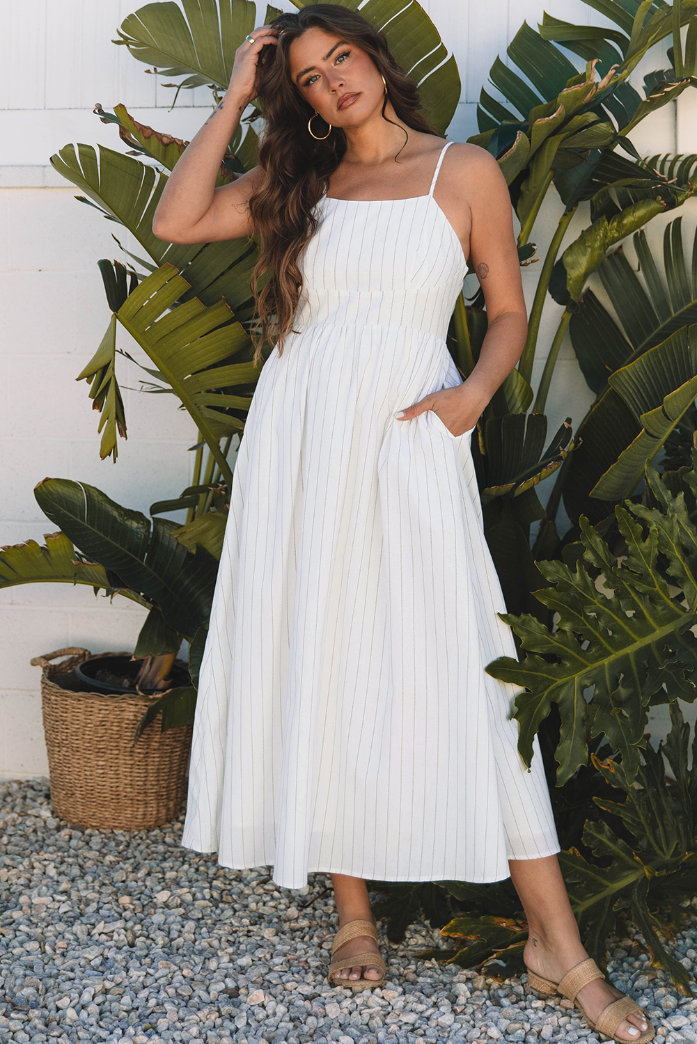 Beige Stripe Spaghetti Strap Pocketed High Waist Maxi Dress - loveforevers