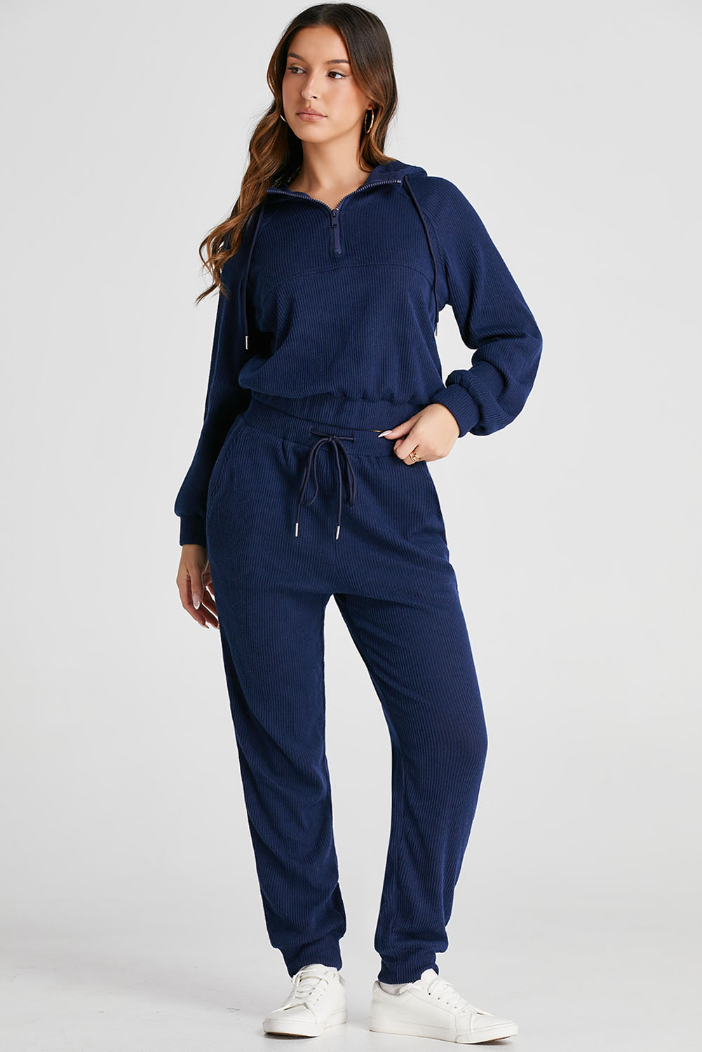Navy Blue Ribbed Knit Cropped Hoodie and Drawstring Joggers Set - loveforevers