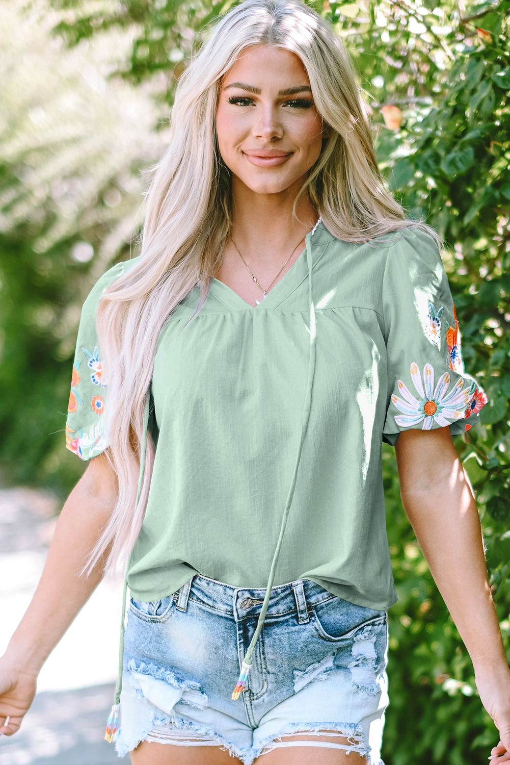 Clearly Aqua Floral Embroidered Puff Sleeve Split Neck Blouse - loveforevers