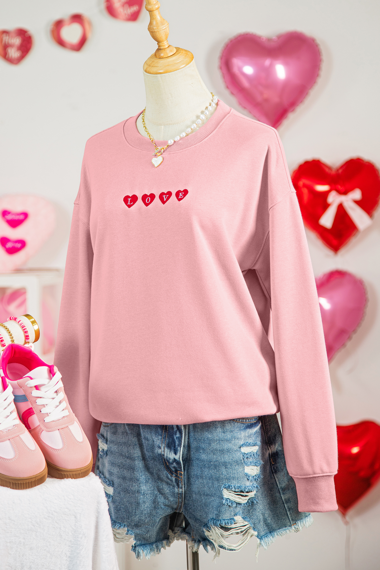Pink LOVE In Hearts Embroidered Graphic Sweatshirt - loveforevers
