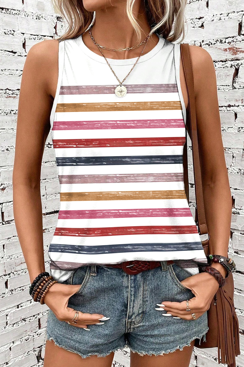 Red Stripe Rainbow Round Neck Tank Top - loveforevers