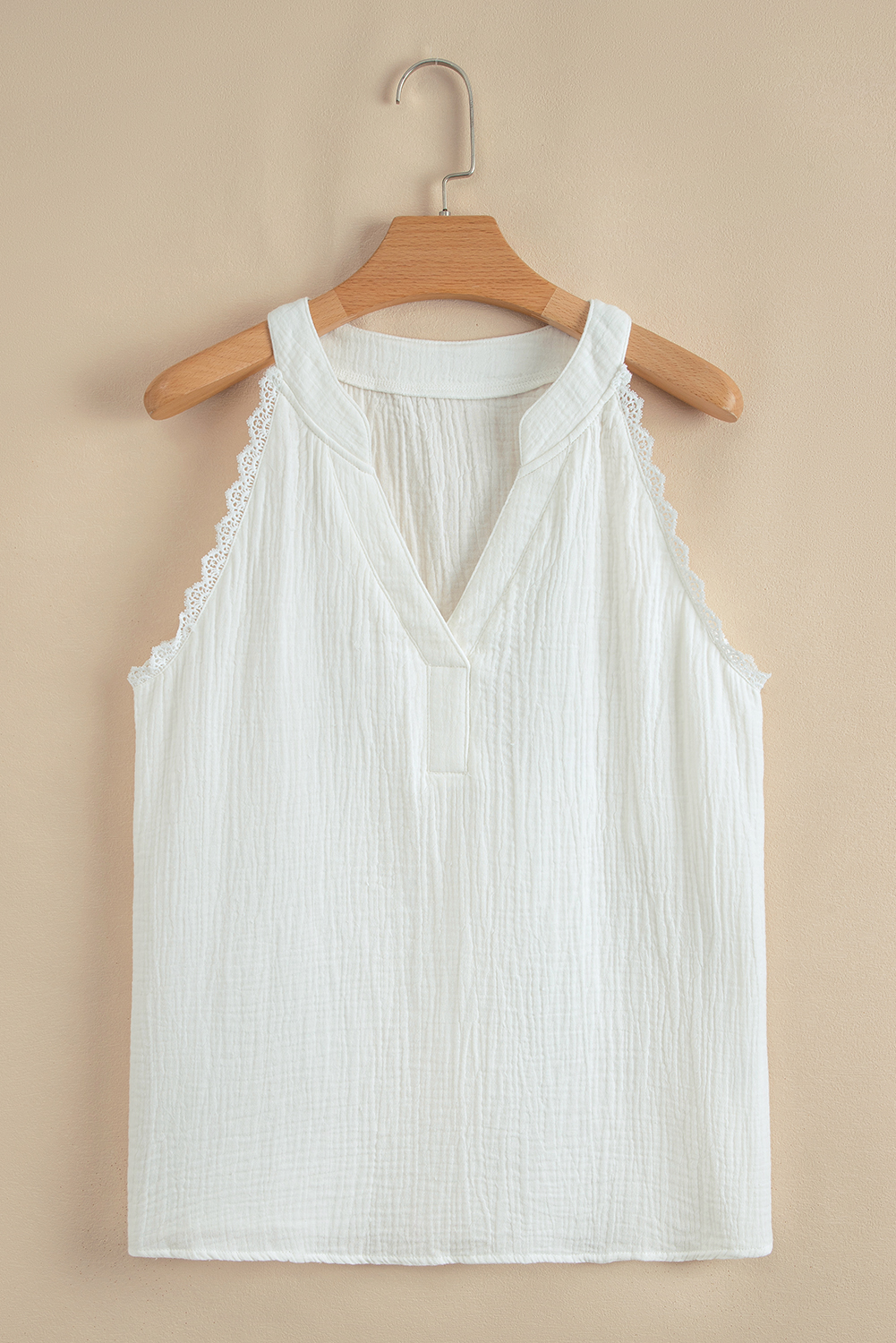 White Textured Lace Trim Pure Cotton Sleeveless Top - loveforevers