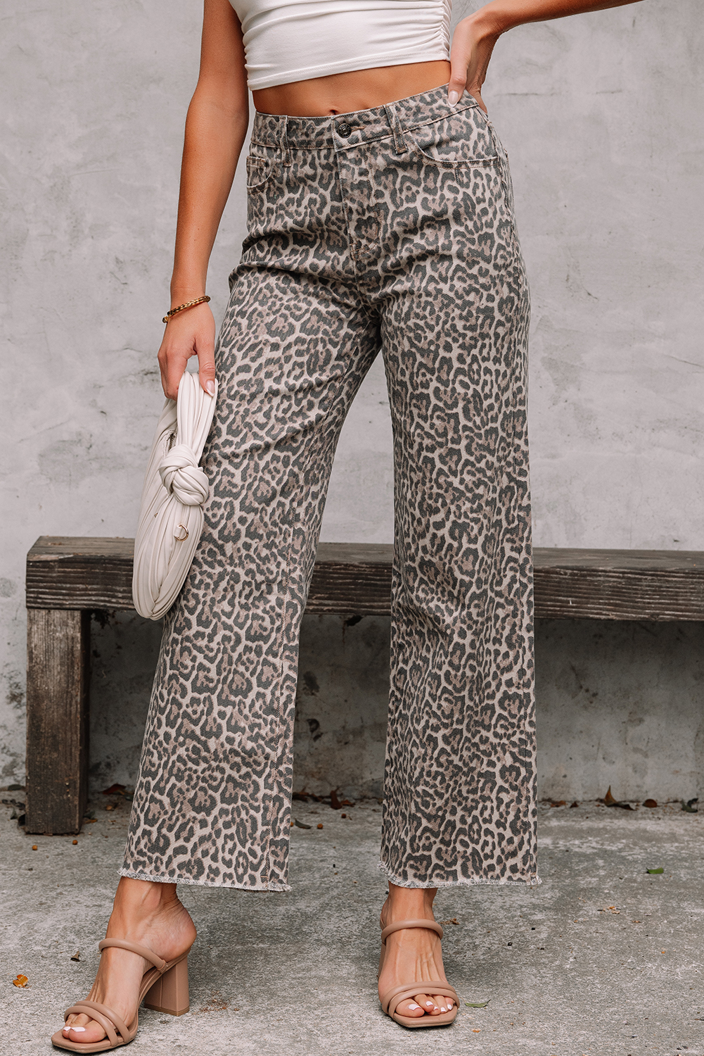 Rose Leopard Frayed Edge Wide Leg High Waist Jeans - loveforevers