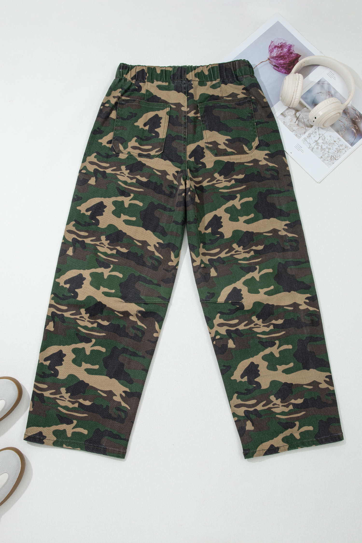 Green Camouflage Print Drawstring Patch Pocket Barrel Jeans - loveforevers