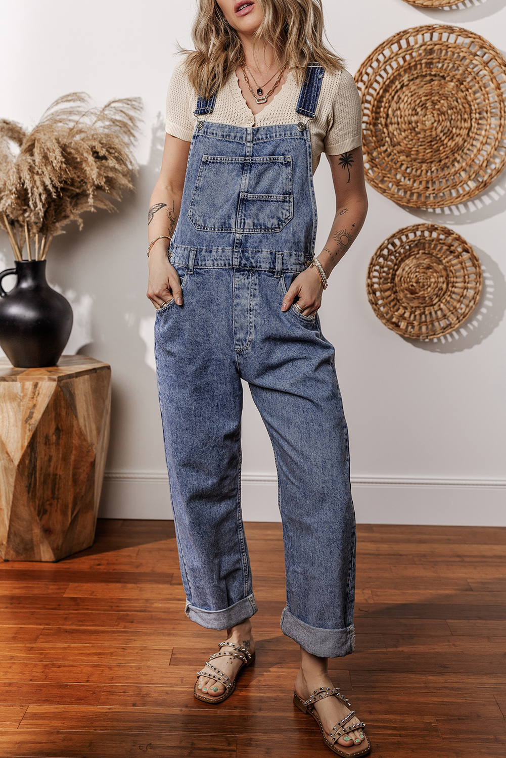 Sail Blue Denim Bib Straight Leg Jumpsuit with Pockets - loveforevers