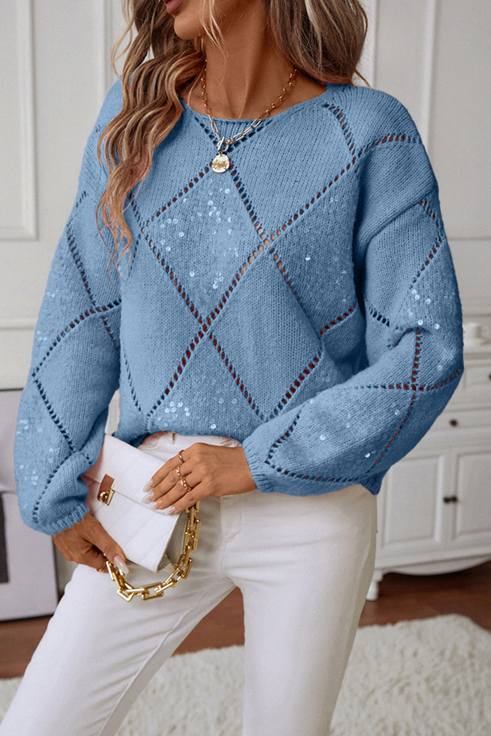Dusk Blue Hollowed Rhombus Pattern Sequin Detail Round Neck Sweater - loveforevers