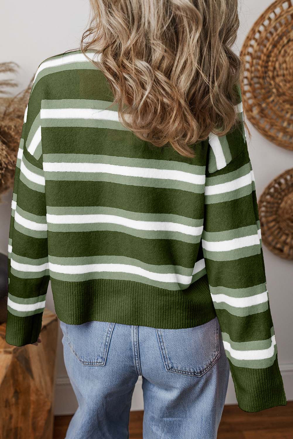 Green Stripe Drop Shoulder Buttons Cardigan Sweater - loveforevers
