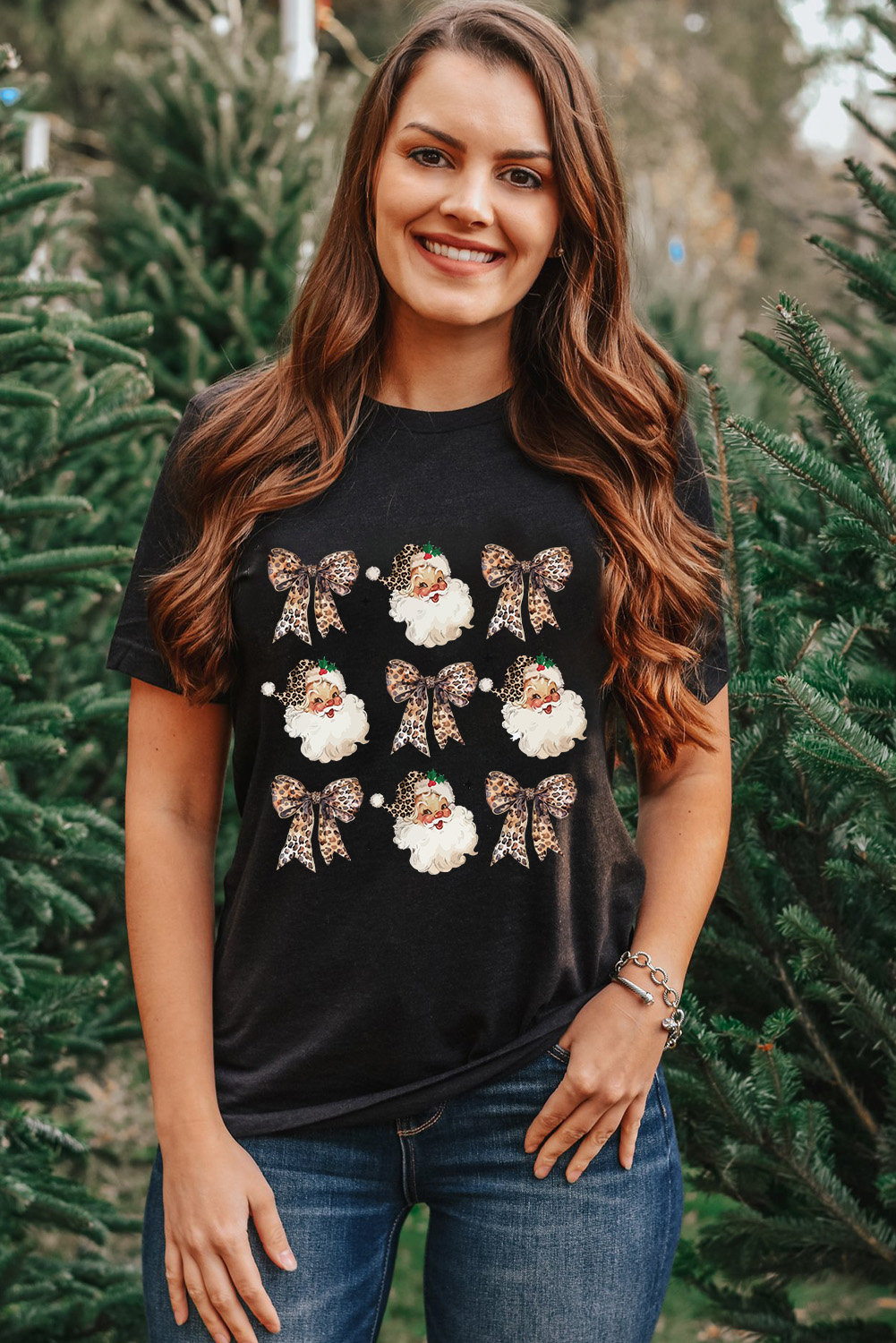 Black Santa Claus Leopard Bow Print Crew Neck Casual T Shirt - loveforevers